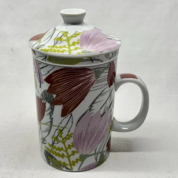 World Market Floral 3 Pc Tea Strainer Cup With Lid - Picture 1 of 5